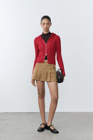 Cardigan maille côtelée capuche - Rouge