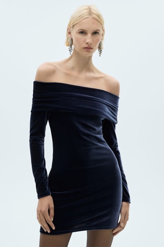 Robe velours épaules dénudées - Bleu nuit