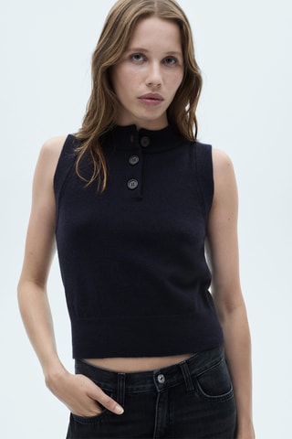 Gilet maille col boutonné - Bleu marine