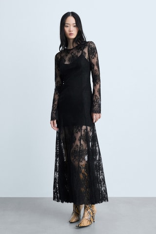 Robe longue semi-transparente dentelle - Noir