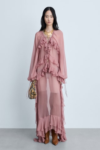 Robe gaze semi-transparente volants - Rose