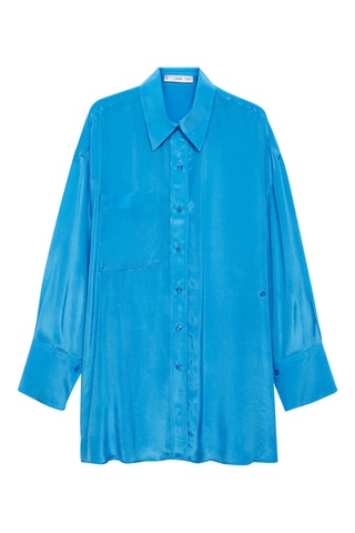 Chemise longue satinée fermeture asymétrique - Bleu