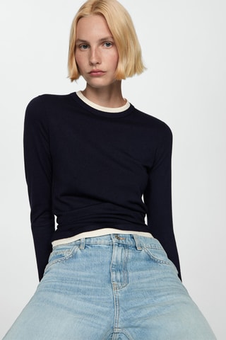 Pull-over maille fine liserés contrastés - Bleu marine