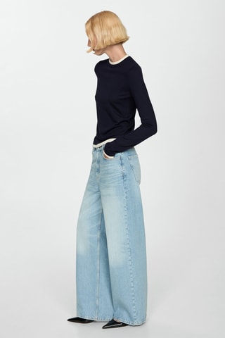 Pull-over maille fine liserés contrastés - Bleu marine