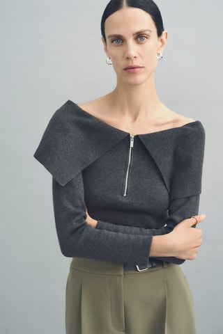 Pull-over épaules dénudées fermeture Éclair - Gris foncé chiné
