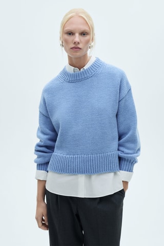 Pull-over maille coton lin col rond - Ciel