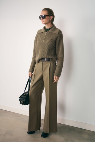 Pull-over maille côtelée col zippé - Kaki