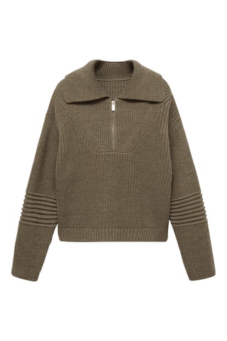 Pull-over maille côtelée col zippé - Kaki