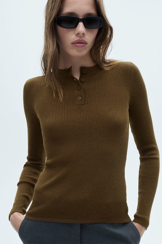 Pull-over maille côtelée boutons - Kaki