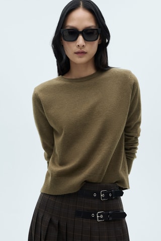 Pull-over maille coton lin col rond - Kaki