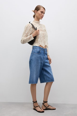 Blouse dentelle coton col montant - Écru