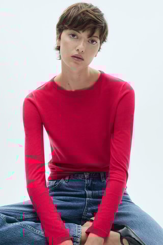 Pull-over maille fine col rond - Fuchsia