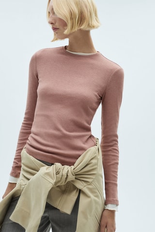 T-shirt maille côtelée - Rose pâle