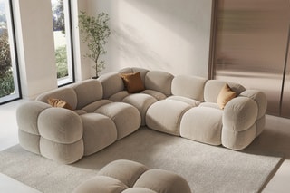 Canapé d’angle symétrique Loretto - Beige clair - 4 places - En tissu velours