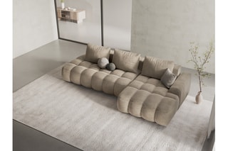 Canapé d’angle droit convertible Linz - Beige clair - 3 places - En tissu velours