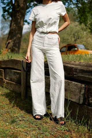 Pantalon en broderie anglaise taille haute Paolina - Blanc