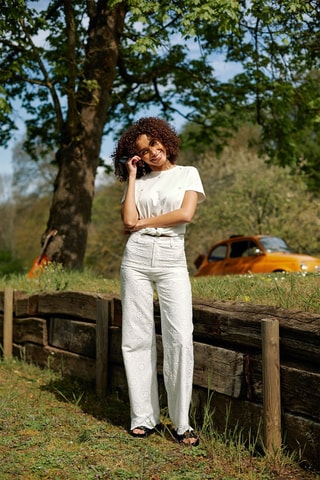 Pantalon en broderie anglaise taille haute Paolina - Blanc