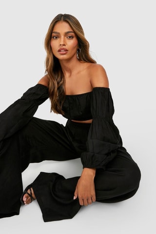 Crop Top en Broek Wide Legs Hoge Taille - Zwart