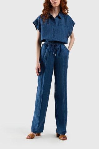 Pantalon en lin taille haute - Bleu