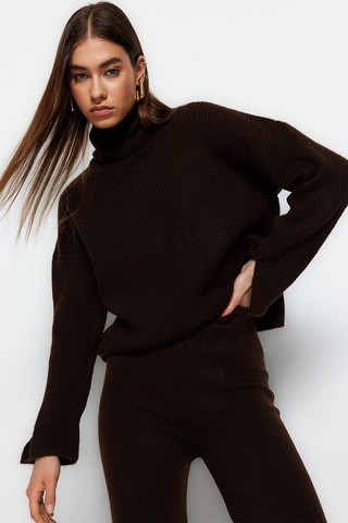Trui en Broek Hoge Taille Rechte Cut Donkerbruin