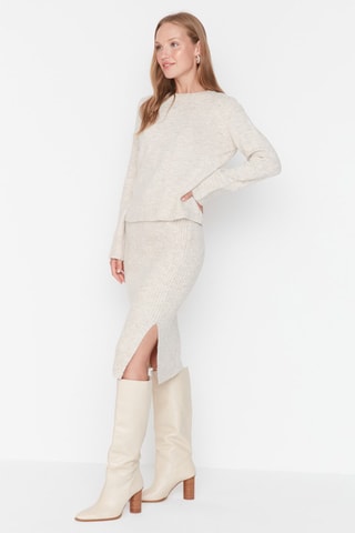 Trui en Midi-Rok Hoge Taille Beige