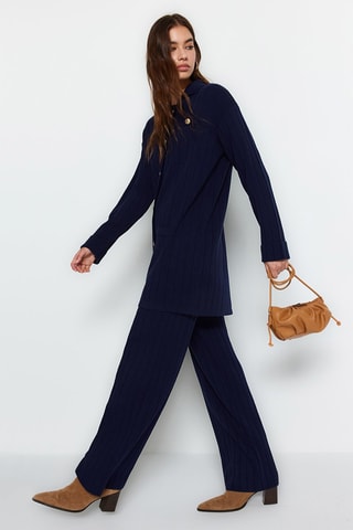 Lang Vest en Broek Wide Legs Hoge Taille Marineblauw