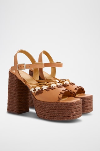 Gevlochten Leren Sandalen met Hak Fawn - Bruin