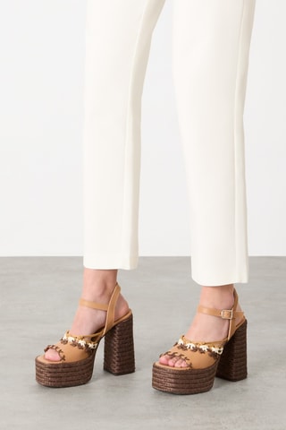 Gevlochten Leren Sandalen met Hak Fawn - Bruin