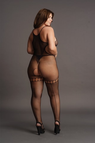 Body en résille avec porte-jarettelles intégrés Plus Size - Noir