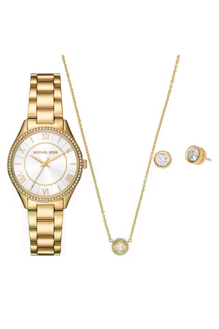 Coffret montre à quartz en acier, collier et puces - Doré et blanc