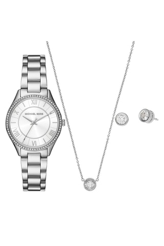 Coffret montre à quartz en acier, collier et puces - Argenté
