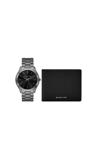 Coffret montre à quartz en acier et portefeuille - Gris et noir