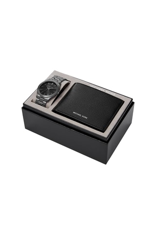 Coffret montre à quartz en acier et portefeuille - Gris et noir