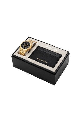Coffret montre à quartz en acier - Chronographe et porte-cartes - Doré et noir