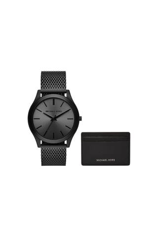 Coffret montre à quartz en acier et porte-cartes - Noir