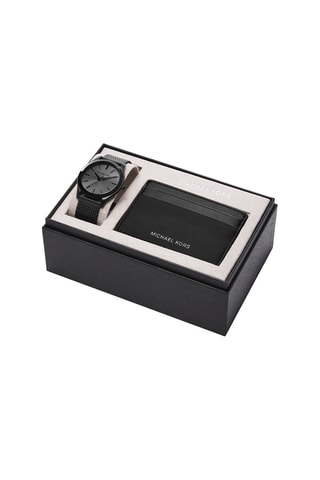 Coffret montre à quartz en acier et porte-cartes - Noir