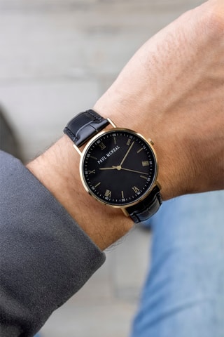 Montre à quartz en cuir - Noir et doré