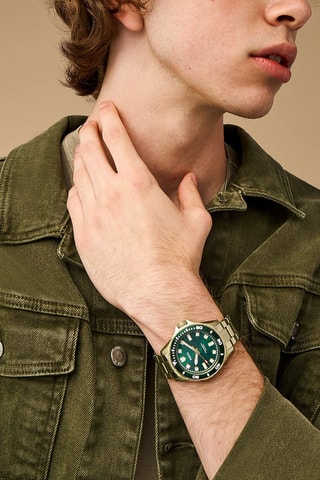 Stalen Quartz Horloge - Goudkleurig en Donkergroen