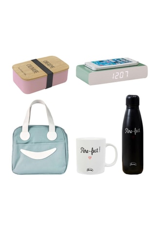Lunch box, lunch bag, réveil chargeur, gourde en acier inoxydable et mug en porcelaine