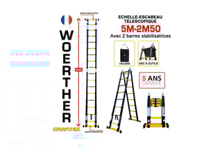 Echelle-escabeau télescopique Grafitek, housse et sac porte-outils - 5 m et 2,50 m