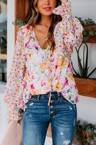 Blouse met bloemmotief Wit en Mosterdgeel