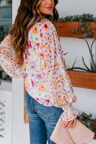 Blouse met bloemmotief Wit en Mosterdgeel