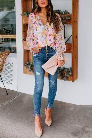 Blouse met bloemmotief Wit en Mosterdgeel
