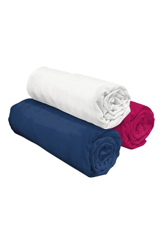 3 Hoeslakens . Wit, blauw en fuchsia
