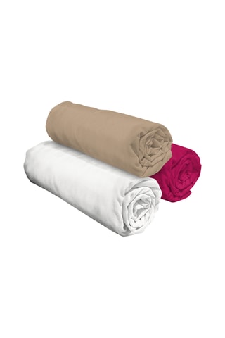3 Hoeslakens . Wit, donkerbeige en fuchsia