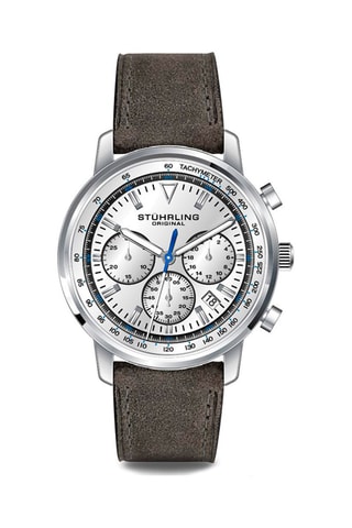 Leren Quartz Horloge Aviator  - Chronograaf en Tachymeter - Grijs en Zilverkleurig