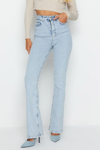 Calças de ganga wide legs cintura subida - Azul-celeste