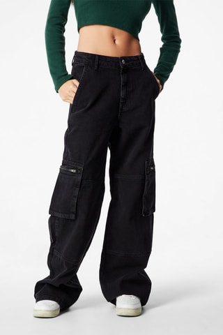 Calças de ganga wide legs de cintura subida Preto