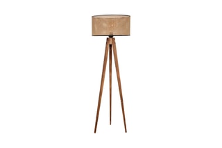 Houten Staanlamp op Driepoot Houtimitatie en Beige