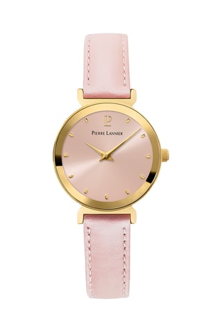 Leren Quartz Horloge Ligne Pure - Lichtroze en Goudkleurig